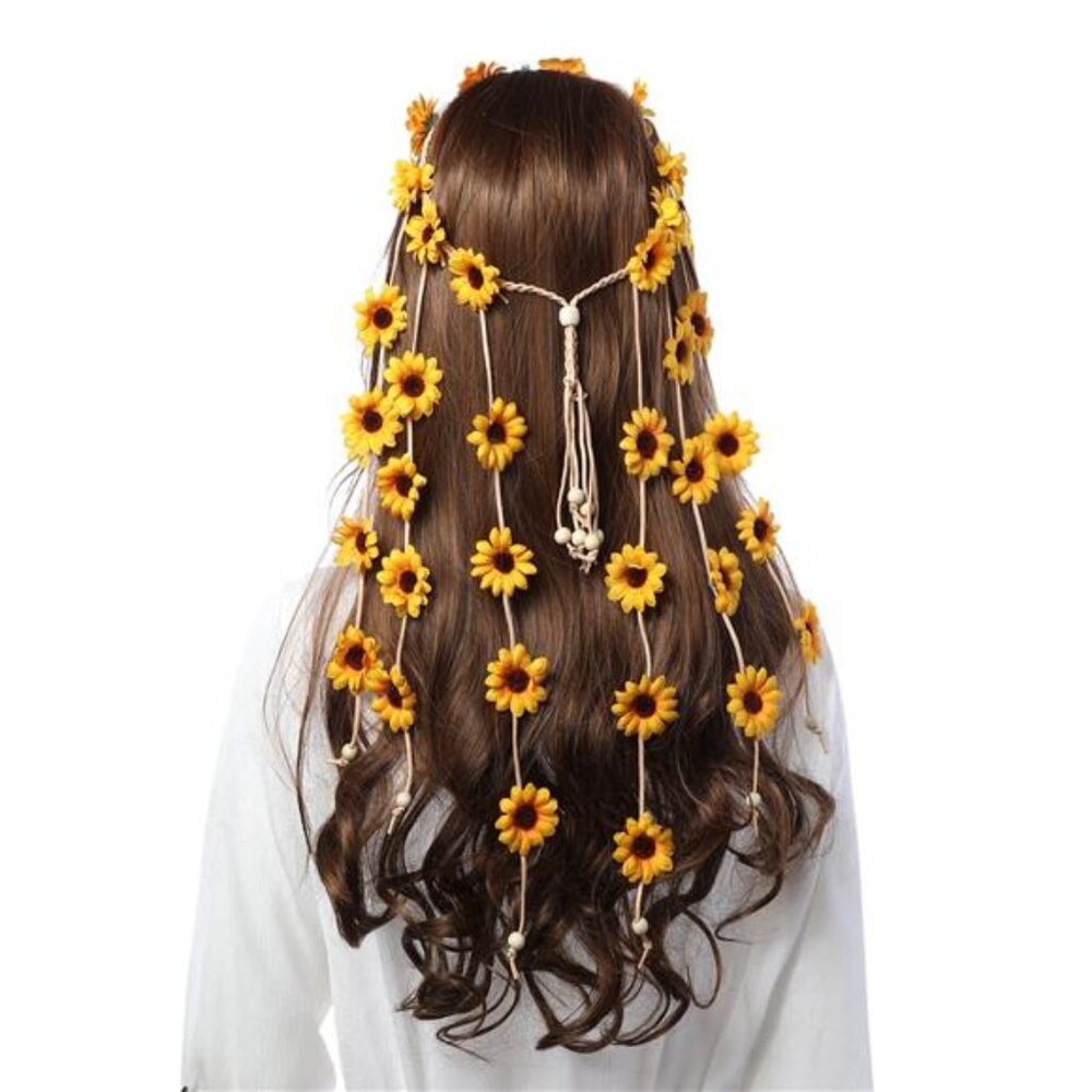 Flower Hippie Headband Floral Crown Bohemian Sunflowers Beads Adjustable